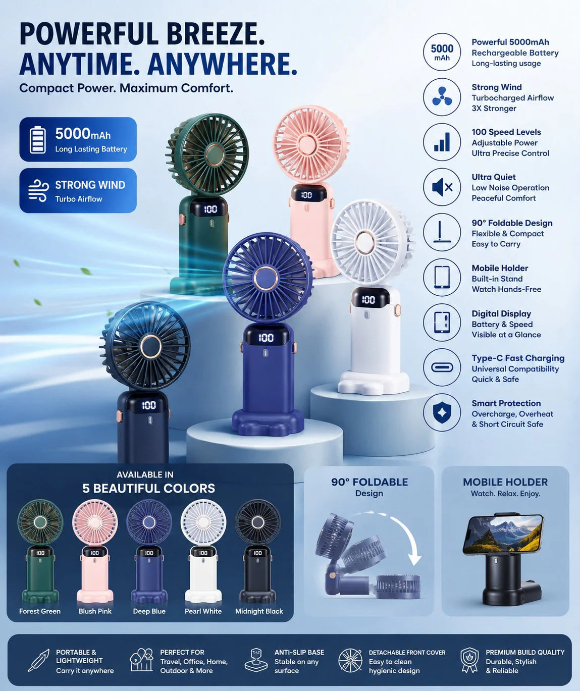 Portable Rechargeable Mini Fan with Digital Display - Foldable 5 Speed Levels