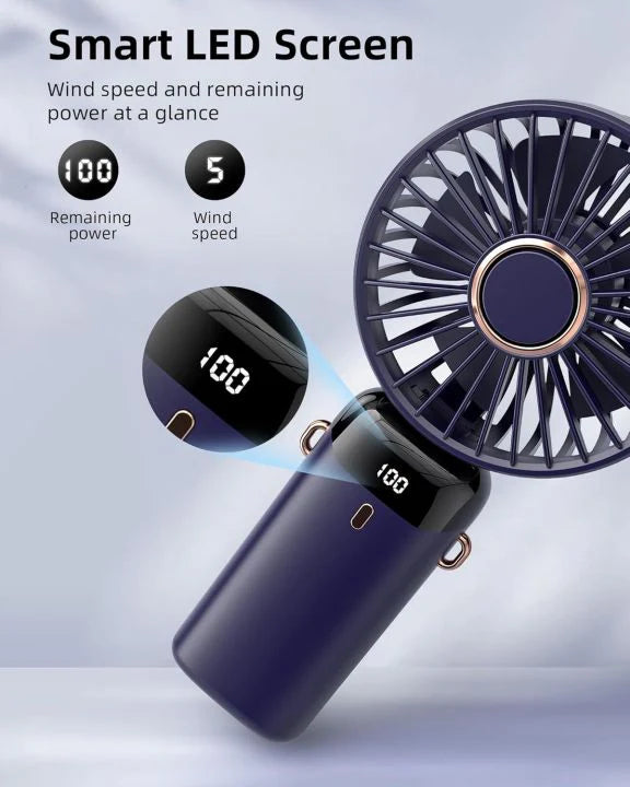 Portable Rechargeable Mini Fan with Digital Display - Foldable 5 Speed Levels