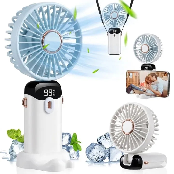 Portable Rechargeable Mini Fan with Digital Display - Foldable 5 Speed Levels
